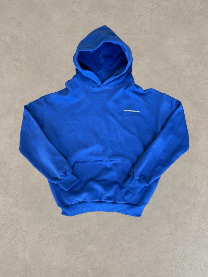 TMS Hoodie in cobalt, wordmark on the chest